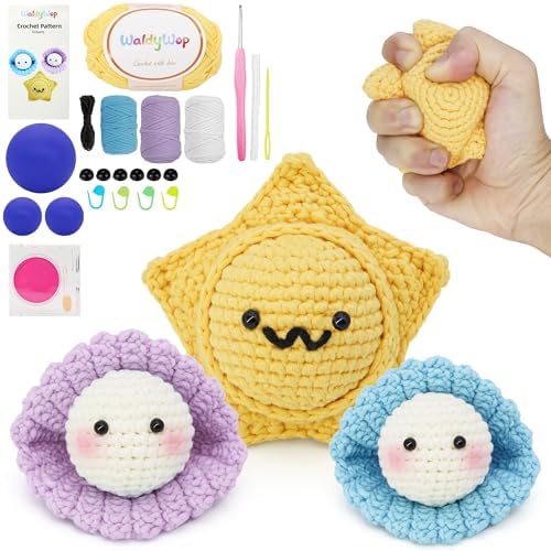 WaldyWop Crochet Kit for Beginners: 3Pcs Ocean Friends Wobbles Crochet Animal Kit for Starter Adults - Dly StressRelief Ball w/ 40% Extra Yarn, Easy Video & Instructions - Christmas Gift for Women by WaldyWop