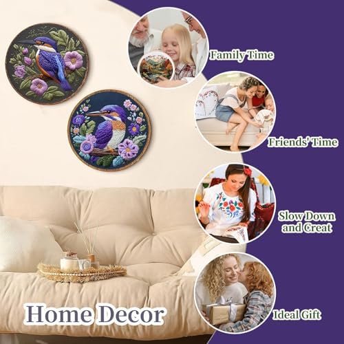 FONNUY Embroidery Kit for Beginners, Birds with Flowers Pre-Stamped Pattern Kits for Adults with Hoop, Easy to Follow Color Thread Needlework, 8'' Hoop (Purple 2) - Image 3