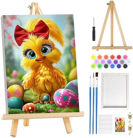 MOGTAA Chicken Paint by Numbers Kit for Adults Beginners with Frame, Easter Eggs Adult Paint by Number Kits on Canvas with Easel, Easy DIY Oil Painting Kits for Home Decor, 8x12in by MOGTAADIYHomeDecor