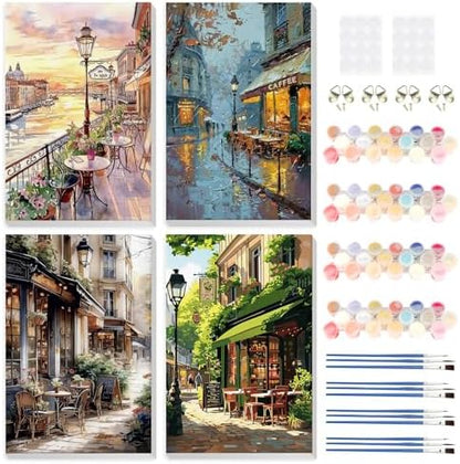 HEIBAGO 4 Pack Framed Paint by Numbers Kit for Adults Beginner, Adult Paint by Number Kits Street Cafe, DIY Paint by Numbers for Adults,Small Easy Acrylic Oil Painting for Wall Decor 8x12 Inch by HEIBAGO