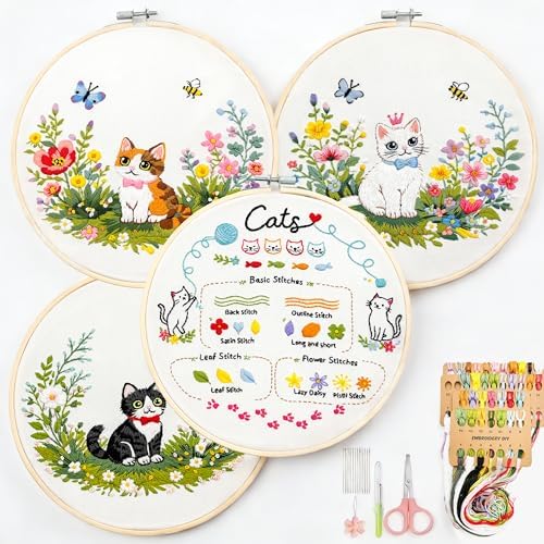 Peonfly Cat Embroidery Kit for Beginners, 4 Pack Stamped Embroidery Starter Kit with 4 Hoops, 9 Stitch Types Practice Sampler, Animal Floral Wall Hanging Décor (Value Pack) by Peonfly