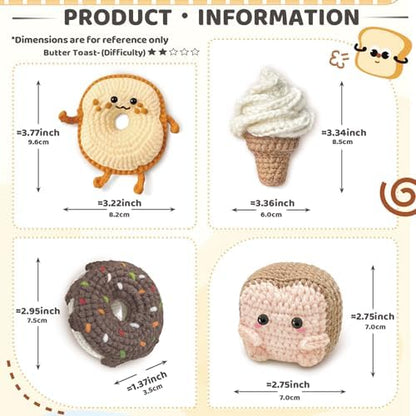 YAMAXIN Crochet Kit for Beginners, Beginner Crochet Kits with Step-by-Step Video Tutorials, Crochet Starter Kit for Adults with Yarn Sets (4pc Butter Toast, Bread, Doughnuts, ice Cream) - Image 5
