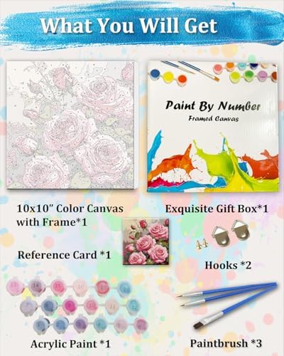 TOCARE Framed Paint by Numbers Kit for Adults Beginners & Kids Ages 8-12,Pink Rose Paint by Number with Frame,Easy Flowers Paint by Numbers Framed Canvas (10x10 Inch, Without Easel) - Image 3
