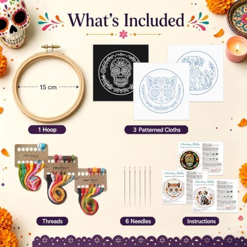 Nuberlic 3 Pack Sugar Skull Embroidery Kit for Beginners, Day of the Dead - Image 2