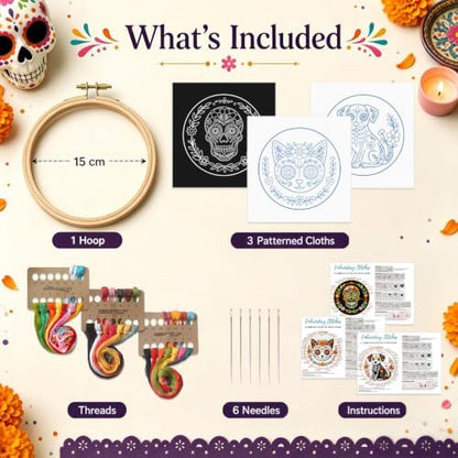 Nuberlic 3 Pack Sugar Skull Embroidery Kit for Beginners, Day of the Dead - Image 2