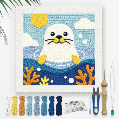 DOODLREAM Cute Seal Needle Kit for Beginner, 9.4"x 9.4" Ocean Animal Punch Stitching Craft Set, DIY Embroidery Starter with Printed Frame, Instruction, Threader, Yarn, Punch Needle by Doodlream