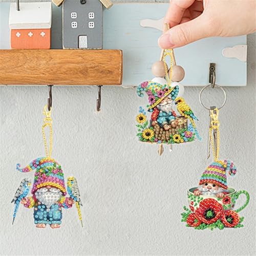 15 pcs Summer Theme Diamond Art Keychain Ornaments Double Sided 5D DIY Diamond Painting Keychain Kits for Adults Key Ring Art Pendant Decor (Gnome) - Image 2