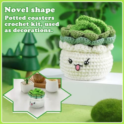 FTEVEN Crochet Kit for Beginners, 3PCS Coasters Potted Plants Crochet Kit - Image 6
