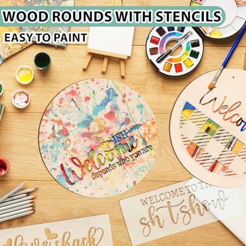 12 Inch Wood Circles for Crafts, 10Pcs Unfinished Wood Rounds with 12Pcs Welcome Stencils & Painting, DIY Wooden Crafts for Door Hanger, Wood Burning, Painting, Gifts for Independence Day Home Decor - Image 4