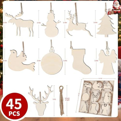 MACTING 45PCS Wooden Christmas Ornaments Unfinished Predrilled Natural Wood Slices DIY Blank Hanging Ornaments Kit for Crafts Centerpieces Christmas Tree Decorations, 9 Styles - Image 3