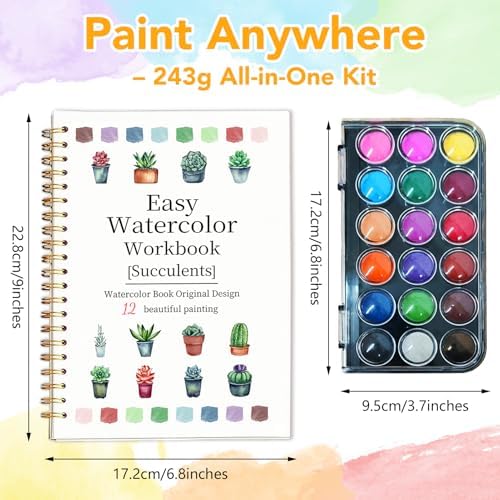 Easy Watercolor Workbook for Beginners - 12 Beautiful Step-by-Step Paintings Water Coloring Book, Includes 18 Colors Paints, Relaxing Art Projects and Creative Gift for Adults & Teen (Succulents) - Image 4