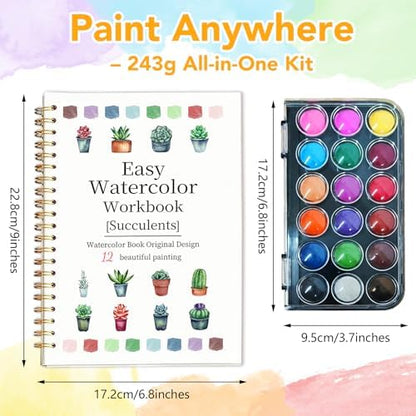Easy Watercolor Workbook for Beginners - 12 Beautiful Step-by-Step Paintings Water Coloring Book, Includes 18 Colors Paints, Relaxing Art Projects and Creative Gift for Adults & Teen (Succulents) - Image 4