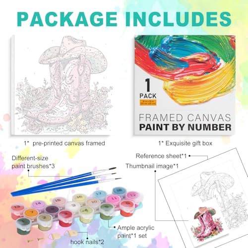 Framed Paint by Numbers Kit for Adults, Pink Cowboy Boots, 10 x 10 Inch - Image 5