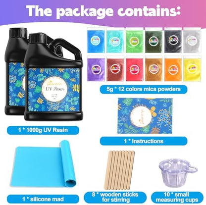 Bsrezn 2000g UV Resin Hard with Mica Powders of 12 Colors and 8 Wooden Sticks for Jewelry Making (1000g x 2) - Image 2