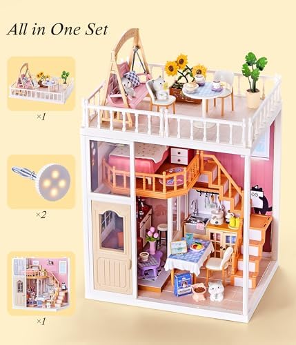 2-Story Loft Miniature House Kit, Cat-Themed DIY Dollhouse for Adults with Living Room Kitchen Bedroom Balcony, Collectible Plastic Miniature Building Set, Home Decor Gift for Women - Image 4