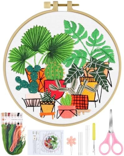ERKOON Embroidery Kit for Beginners, Flower Cross Stitch Set for Include Embroidery Cloth Hoops Threads for Craft Lover Hand Stitch with Embroidery Skill Techniques (Greenery) by ERKOON