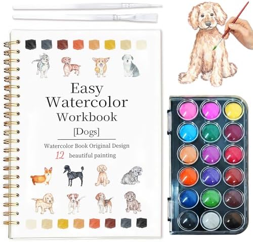 Easy Watercolor Workbook for Beginners - 12 Beautiful Step-by-Step Paintings Water Coloring Book, Includes 18 Colors Paints, Relaxing Art Projects and Creative Gift for Adults & Teen (Dogs) by Yangmics+Direct