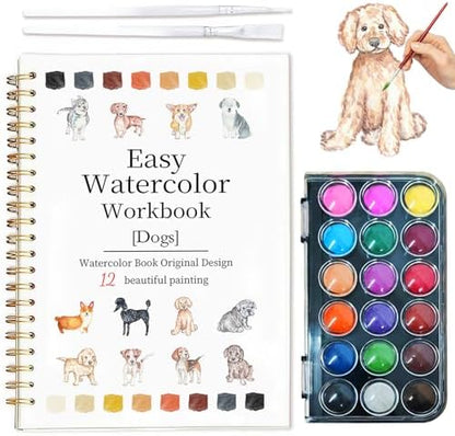 Easy Watercolor Workbook for Beginners - 12 Beautiful Step-by-Step Paintings Water Coloring Book, Includes 18 Colors Paints, Relaxing Art Projects and Creative Gift for Adults & Teen (Dogs) by Yangmics+Direct