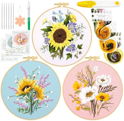 Ponpon 3 Sets Embroidery Kit for Beginners, Embroidery Kit for Adults with Follow Instruction, Cross Stitch Kits with Wooden Embroidery Hoops (Stlye A) by Ponpon