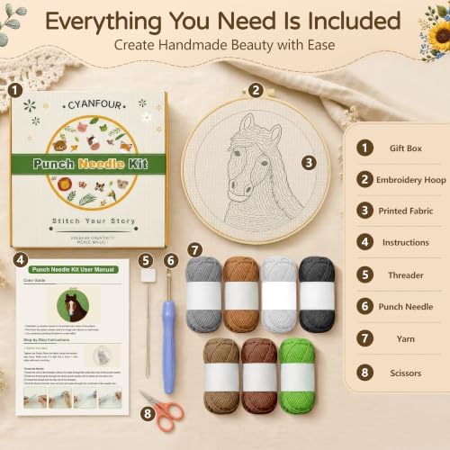 CYANFOUR Punch Needle Kit for Beginners, Horse Punch Needle Kits Adults, Craft Kits for Adults with 2 Pre-Printed Fabrics, Embroidery Hoop, Threads, DIY Gift and Home Decor 20 * 20cm - Image 2