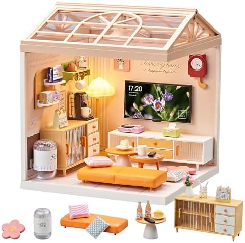 Miniature Living Room DIY Kit, 92Pcs 1:24 Scale Dollhouse with LED by Qudify
