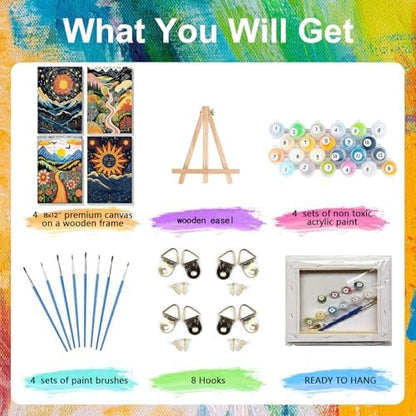 4 Pack Scenery Paint by Numbers for Adults with Frame Canvas - Wooden Easel - Image 4