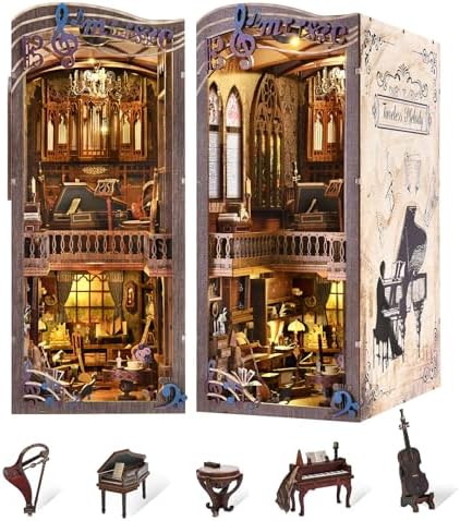 fifijoy Book Nooks, DIY Miniature Book Nook Kit Music, 3D Wooden Puzzle Bookends for Bookshelf Insert Decor with Led Light for Teens and Adults (Timeless Melody) by fifijoy
