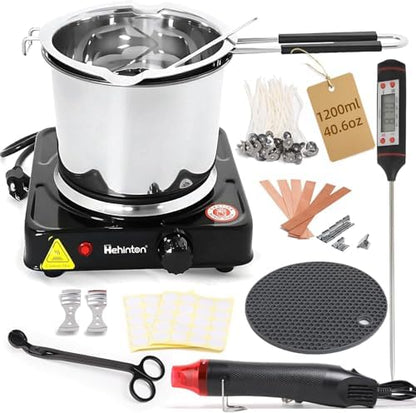 Hehinton Double Boiler Wax Melter 1200ML/40.6OZ, Candle Making Kit Supplies for Adults Beginners, DIY Kit with 1000W Electric Hot Plate, Wick Trimmer, Hot Air Gun, Thermometer, Wick Stickers by Hehinton