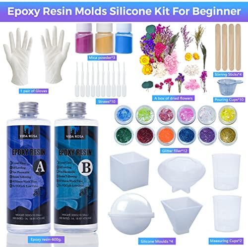 VidaRosa Epoxy Resin Kits for Beginners with molds,Dried Flower，600ml/ 21.16oz Crystal Coating for Art, Craft, Jewelry Making, River Tables,2 Gloves, 2 Measuring Cup and 2 Wooden Sticks - Image 2