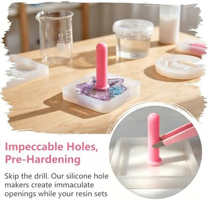 31 PCS Resin Hole Maker (1.5/2/3/4/6/8mm)) with Tweezers - Drill-Free Silicone Tools for Epoxy/UV Resin Jewelry, Keychain, Pet Tags 6 Sizes w/Suction Base Beginner-Friendly DIY Craft Kit （Pink） - Image 3