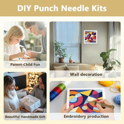 Doodlream Color Geometric Shape Needle Kit for Beginner, 9.4"x 9.4" Abstract Art Punch Stitching Craft Set, Color DIY Embroidery Starter with Printed Frame, Instruction, Threader, Yarn, Pinch Needle - Image 4
