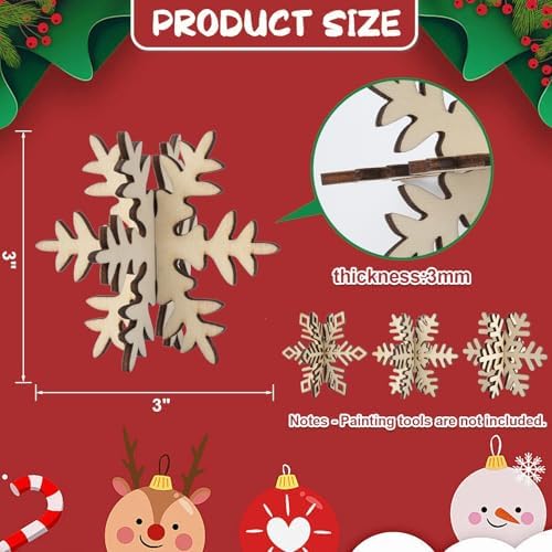 COCHIE DIY 3D Snowflake Wood Crafts to Paint, Paintable Unfinished Wooden Slices for Craft, Winter Snowflakes Cutouts Ornaments for Painting Decorations (24 PCS) - Image 2