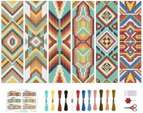 BEUNITONE Cross Stitch Bookmarks Kit 6 Pcs Geometric Pattern DIY Bookmarks Cross Stitch Kits for Beginners Boho Floral Fabric Bookmark Kit Traditional Decorative Counted Knitting Kit 8''x2.4'' by BEUNITONE