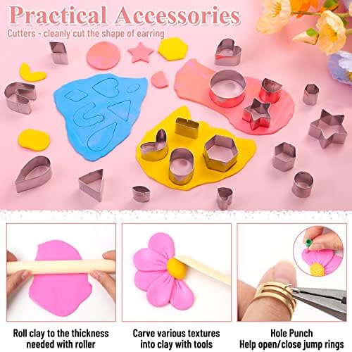 Polymer Clay Earring Making Kit- 30 Clay Earring Cutters, 24 Color Polymer Clay, 8 Circle Cutters, Rollers, B7000 Glue, 640 PCS Earrings Making Tools Accessories for Jewelry DIY (Instructions Include) - Image 5