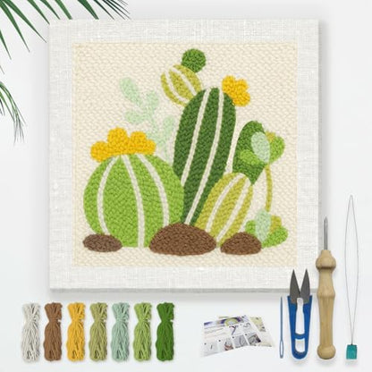 Doodlream Cartoon Cactus DIY Punch Needle Embroidery Kit for Adult Beginner, 9.4" Cactus Punch Stitching Craft Set for Starter with Frame, Fabric Pattern, Threader, Yarn, Pinch Needle by Doodlream