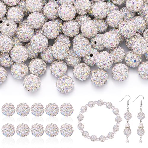 200pcs 10mm Rhinestone Beads for Jewelry Making, Crystal AB Shiny Round Disco Ball Beads Bulk, Sparkle Crystal Clay Christmas for Bracelet Baseball Necklace Earring Crafting and DIY by TINKRSTUFF