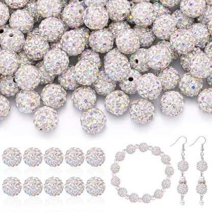 105pcs 10mm Rhinestone Beads for Jewelry Making, Crystal AB Shiny Round Disco Ball Beads Bulk, Sparkle Crystal Clay Christmas for Bracelet Baseball Necklace Earring Crafting and DIY by TINKRSTUFF