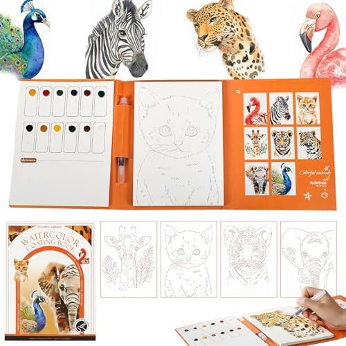 elves Travel Watercolor Kit for Adults & Beginners, Pocket 3-Fold Watercolor Coloring Book, All-in-One Creative Stress Relief Art Kit, Portable Watercolor Painting Books, Animal Theme by ElvesBeauty