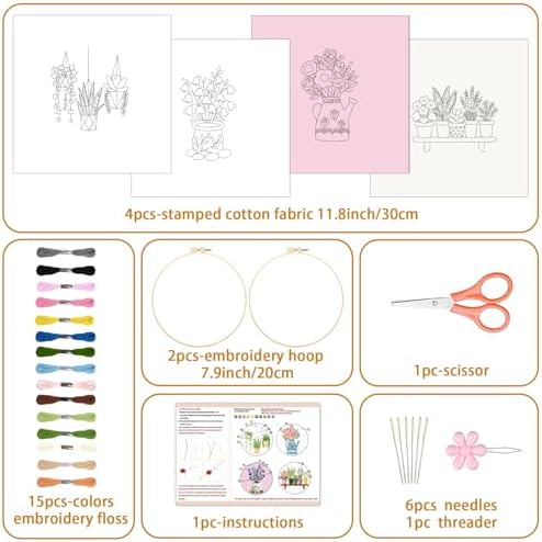 BEUNITONE 4 Set Embroidery Kit for Beginners, Vase Plants Cross Stitch Kits, Needlepoint Kits for Adults with Instructions and Full Kit, Creative Hand Embroidery Patterns for Cloth and Home Decor - Image 2