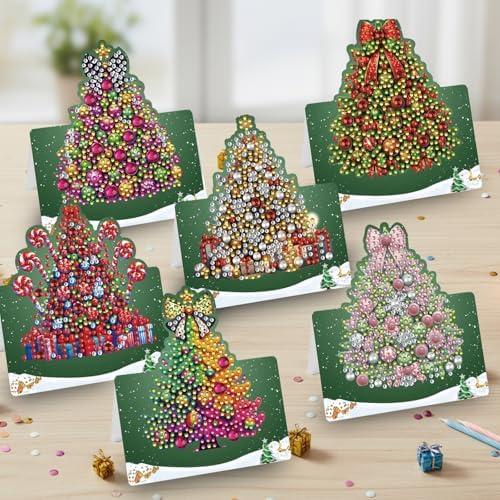 jinglinhh 6pcs Diamond Art Painting Christmas Tree Greeting Cards with Envelopes, DIY Card Making Kits for Adults, Diamond Art Christmas Cards for Birthday Holiday Postcards - Image 6