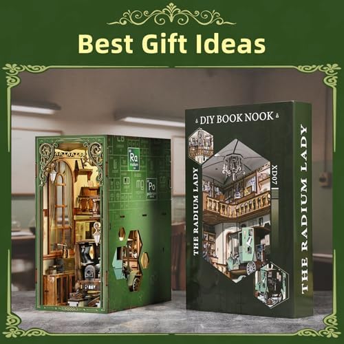 MiniCity Book Nook Kitwith Dust Cover and LED Light, 3D Wooden Puzzle Bookend Bookshelf Insert Decor for Teens and Adults-The Radium Lady | 7.1 x 4.3 x 9.1 in; 504-piece DIY kit with LED and dust cover; glue/tools included; 6-8 hr build for shelf displ... - Image 6