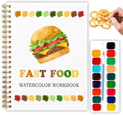 12 Patterns Fast Food Painting Set, Burgers Fries Pizza Watercolor Workbook for Beginners, Colorful DIY Art Gift for Foodies and Teens, Fun Snack Lover Paint Kit by Unknown