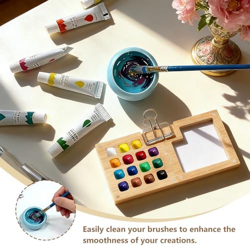 Mini Watercolor Paint Set Bamboo Travel Kit with Watercolor Palette Paintbrush Storage Bag and Water Storage Bottle Ready to Use Watercolor Sets for Artists and Beginners（15 Squares） - Image 6