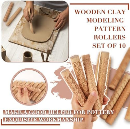 Lzttyee Wooden Handle Pottery Tools Clay Modeling Pattern Rollers, Brown - Image 6