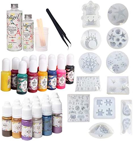 2 Part Crystal Clear Epoxy Resin Jewelry Making Kit with 12 Molds 60+ Shapes + 28 Liquid Pigment (13 Solid Color 15 Pearlescent Metallic Effect), with 2 Mixing Cups + Sticks + Tweezers by VidaRosa