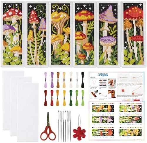 ORIGACH 6 Set Mushroom Jungle Cross Stitch Bookmark Kit for Beginner by ORIGACH