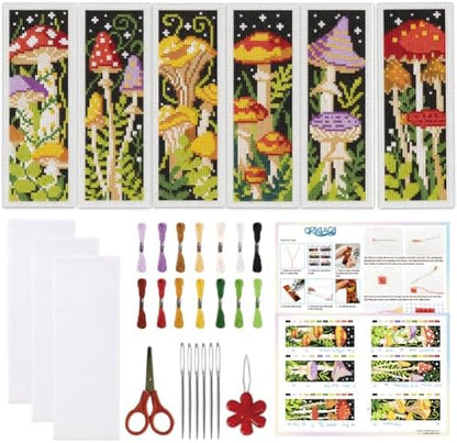 ORIGACH 6 Set Mushroom Jungle Cross Stitch Bookmark Kit for Beginner by ORIGACH