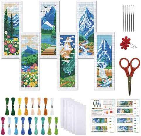 FREEBLOSS 6 Set Cross Stitch Bookmarks Kit Mountains&Rivers Stamped Cross Stitch Kit DIY Embroidery Bookmark Set with Instruction for Adults Beginners Gift for Reading Enthusiasts 8 * 2.4inch 11CT by FreeandCreativeCraftsArt