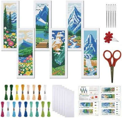FREEBLOSS 6 Set Cross Stitch Bookmarks Kit Mountains&Rivers Stamped Cross Stitch Kit DIY Embroidery Bookmark Set with Instruction for Adults Beginners Gift for Reading Enthusiasts 8 * 2.4inch 11CT by FreeandCreativeCraftsArt