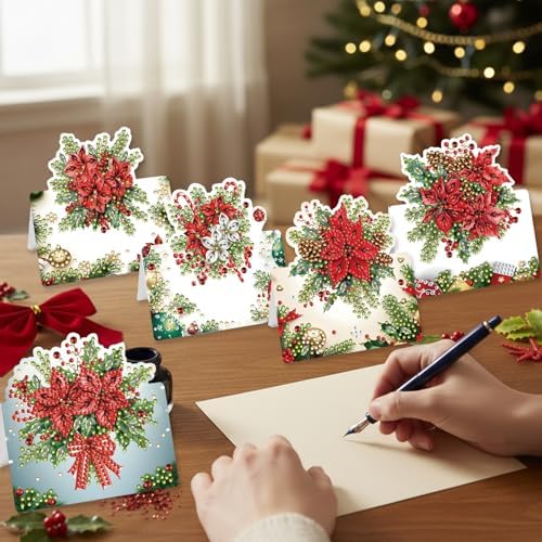 C'eitura 6Pcs DIY Poinsettia Flower Diamond Art Painting Crafts Rhinestone Painting Greeting Card Making Kit Postcard for Holiday Christmas New Year Party Favors - Image 3